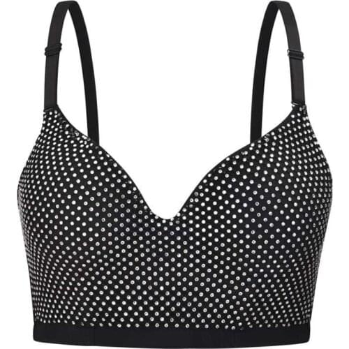 Black Sexy Diamond and Bead Bralette Thin Shoulder Strap Underwear Anti-light Shockproof Push Up Bra Clubwear Lingerie For Women