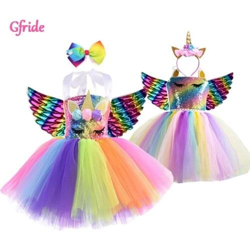 Girls Unicorn Pony Costume Dressing Up Kids Rainbow Tutu Halloween Party Dress Princess Cosplay Dress Headband Wings Clothing