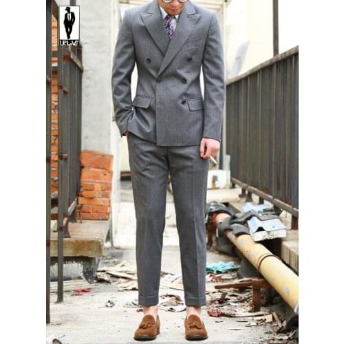 Fad Latest Coat Pant Designs Grey Double Breasted Wedding Suits for Men Terno Slim Fit Custom Blazer 2 Piece Tuxedo Masculino