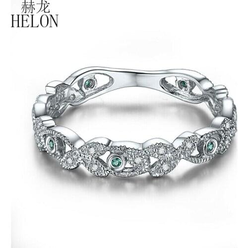 HELON Solid 14K AU585 White Gold 0.2CT Genuine Emerald Diamond Wedding Anniversary Ring Women Trendy Party Jewelry Diamond Ring