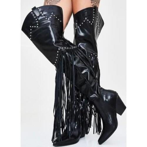 Hot Women Long Boots Black Leather Rivets Tassel Thigh High Boots Fashion Brown Chunky Heel Fringe Over the Knee Boots Lady