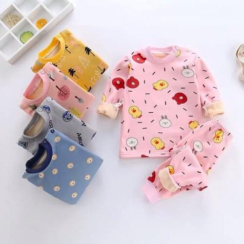 Childrens pajamas thermal underwear set winter new children plus velvet thick autumn clothes long pants suit