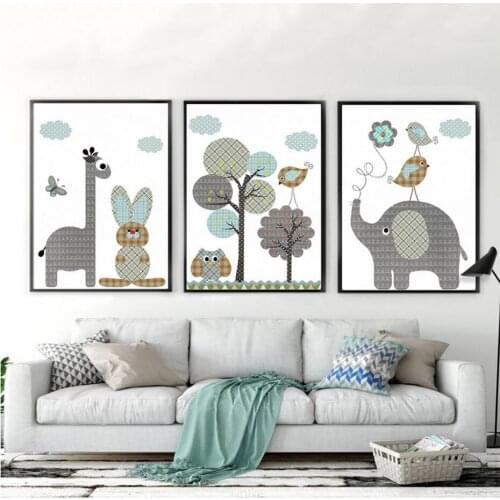 Cute Cartoon Elephant Love Bird Love Tree Giraffe Living Room Decorative Paintingm School Childs room Poster Art Wall Cloth