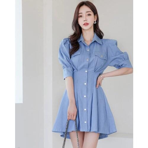 Fashion Summer Retro Casual Denim Mini Dress Ladies Elegant Streetwear Puff Sleeve Buttons Single Breasted Vacation Short Dress