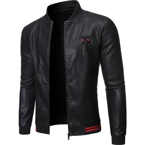 2020Autumn and Winter Fashion Men Embroidery Patchwork Stand Collar Motorcycle Slim Fleece Warm Men Faux Leather Leather Jacket