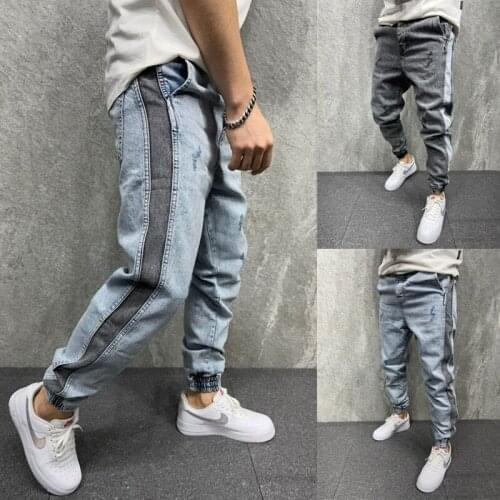 2021 Mens Jeans Color Matching Elastic and Tight Feet Washed Frayed Mens Personality Loose Hip-hop Denim Trousers