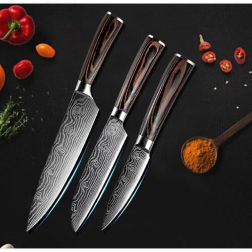Knife Set Kitchen 3PCs Japanese Chef Knives Laser Damascus Pattern 440C Stainless Steel Cleaver Slicing Santoku Meat Fruit Knife