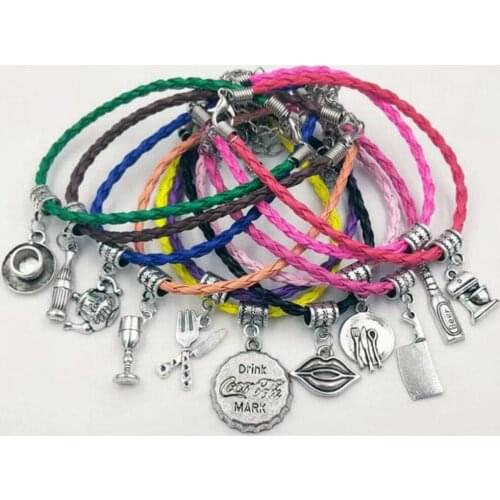 New Hot 50pcs/Bag Vintage Beer bottle Mouth Knife Wine Glass Fork Teapot Coke Capsule Charms Braided Rope Bracelets