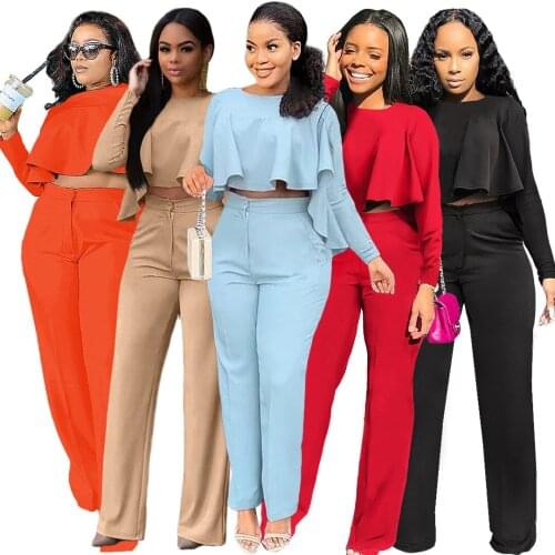 Solid Fall Clothes for Women Casual Streetwear O Neck long Sleeve Irregular Top + Pants Suit Slim Two Piece Set Women Outfits