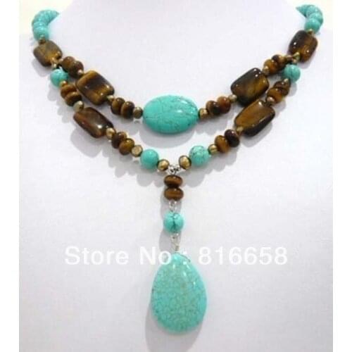 Lovely! 2Strands Brown Pearl &Blue Turkey stone&Tigers Eye Necklace