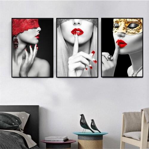 Sex Lady Red Lips Red Lace Hat Canvas Decorative Painting Art Woman Hush Smoke Red Nails Poster Living Room Home Decoration
