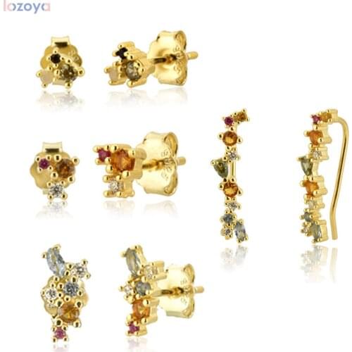 LOZOYA 100% 925 Sterling Silver Gold 18mm Climber Stud Earring Fine Thread Ear Pin Luxury Crystal CZ Zircon PiercingJewelry