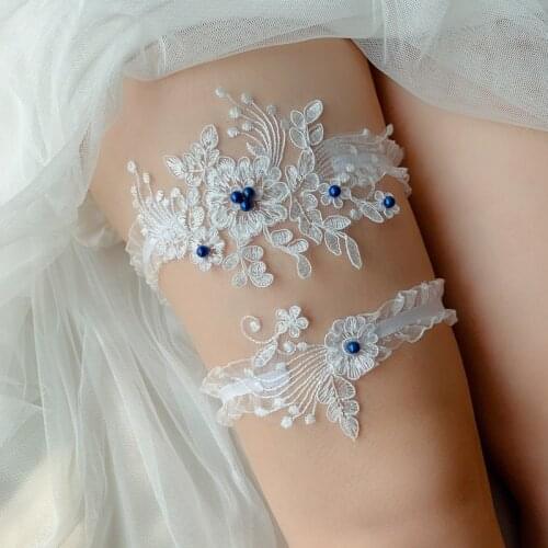 Wedding Garter Pearl Embroidery Flower Blue White Beading White Sexy Garters For Women/Female/Bride Thigh Ring Bridal Leg Garter