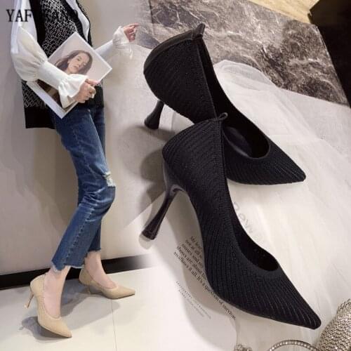 Knitted Women Pumps High Heels Women Shoes Fashion Lady Shoes Pointed Toe Thin Heels Ladies Shoes 2020 New Party Shoes Woman