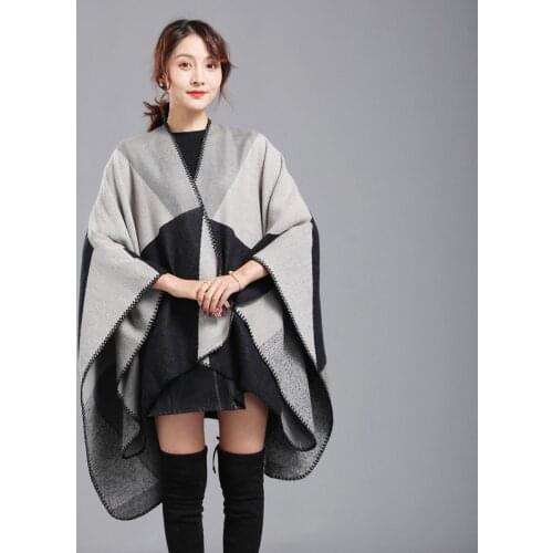 150x130cm Out Streetwear Fashion Big Pendulum Warm Shawl Autumn Winter Long Faux Cashmere Poncho Women Plaid Loose Thicken Coat