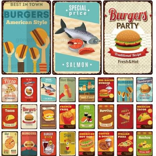 Delicious Cake Burger Hot Dog Metal Tin Sign Bakery Food Shop Cafe Kitchen Decoration Painting Poster Vintage Plaque Wall Decor