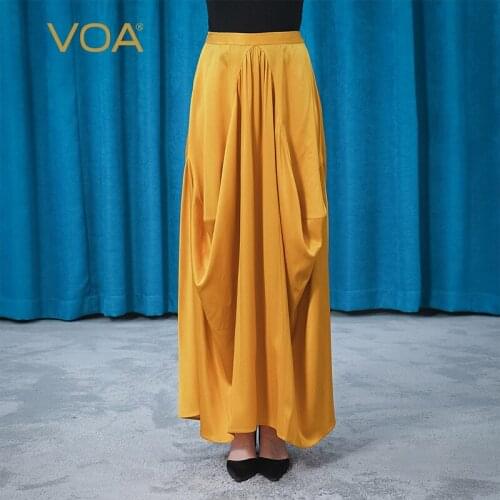 VOA Silk Elastic Golden Twill Natural Waist Invisible Side Pull Fold Design Sense Loose Summer Womens Long Skirts 2021 CE81