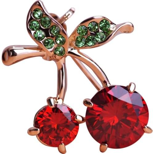 Madrry Cute Red Cherry Brooches For Women Prong Setting Crystal Broches Gold Color Broach Dress Scarf Pins Suit Brooch Pin Gifts