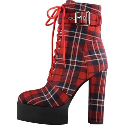 Winter Platform Shoes Fashion Round Toe Buckle Plaid Lace Up High Heel Women Boots Ankle High Sexy Short Booties Plus Size 43