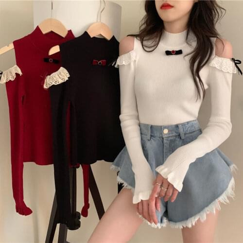 Woman Sweaters Lace Bow Hollow out Shoulder-Baring Sweater Slim Top Femme Chandails Pull Hiver
