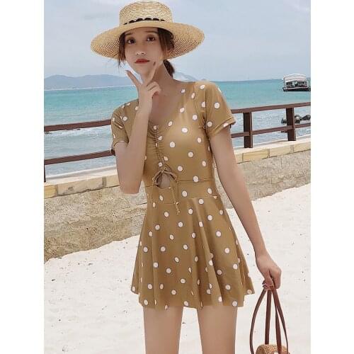 Swimwear Women One Piece Swimdress Tummy Control Plus size Swimsuit Shorts Padded Female Dot Print Bathing Suit