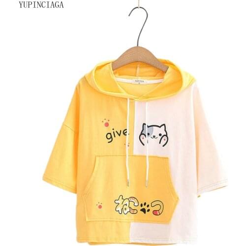 2020 Summer New Pullover Cartoon Print Loose Hooded Sweatshirt Color Matching Short Sleeve Harajuku Women Hoodies