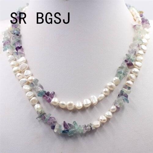 Free Shipping Women Jewelry Wholesale Natural 6-7mm White Natural Pearl & Gems Long Sweater Necklace 34"