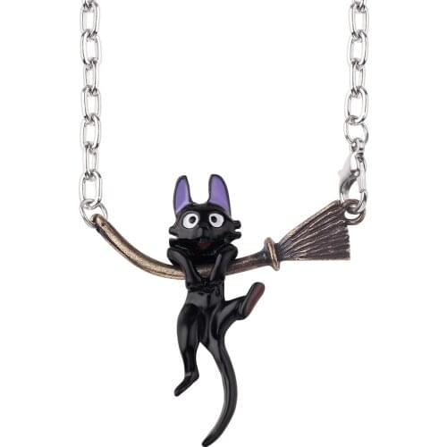 Miyazaki Hayao Anime Kikis Delivery Service Black Cat Pendants Necklace Enamel Magic Broom Jewelry Women Choker Lucky Chain2019