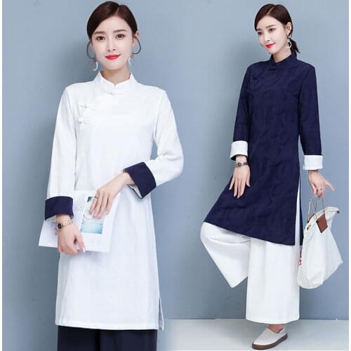 2021 chinese style cotton and linen mandarin collar long sleeve dress modern cheongsam oriental improved tea art women dress