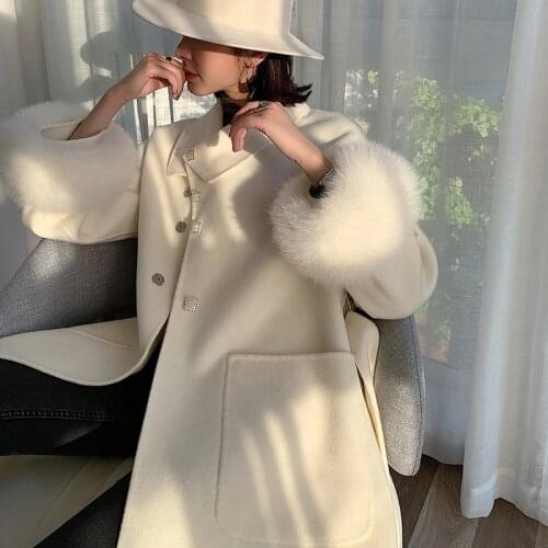 Chic Design Fox Fur Pocket Wool Coat Elegant Ladies Beautiful Look Mid Long Womens Coat Autumn Warm Solid Outwear Female Coat