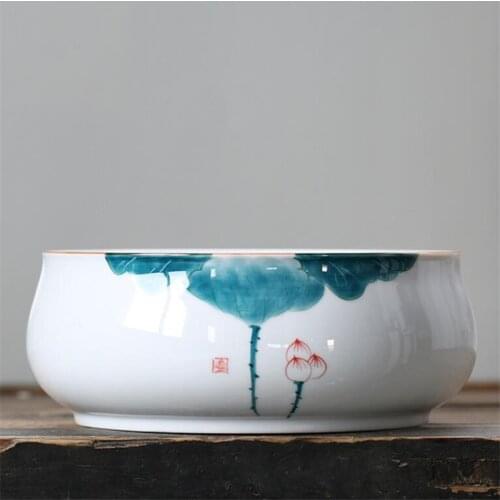 1800ML Hand Painted Lotus Ceramic Tea Wash Bowls Chinese Kung Fu Tea Accessories Retro Tea Bowl Teaware for Pu'er Oolong Storage