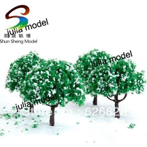 2.7 Inch Green Train Set Scenery Landscape Model Tree with White Flowers - 50PCS