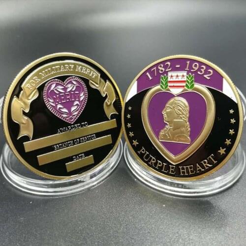 5 pcs The Purple heart coin 1782 - 1932 Love badge 24K real gold plated colored 40 mm souvenir decoration coin