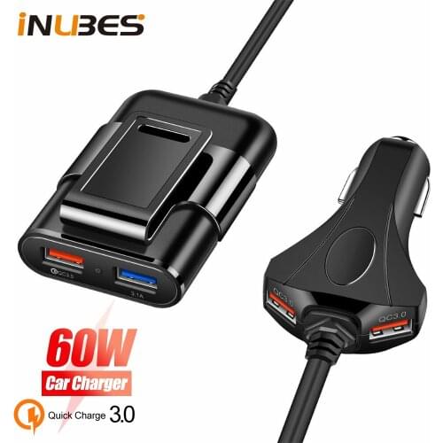 60W 4 USB QC 3.0 Car Charger Quick Charge 3.0 Phone Car Fast Front Back Charger Adapter Car Portable Charger Extension Cable