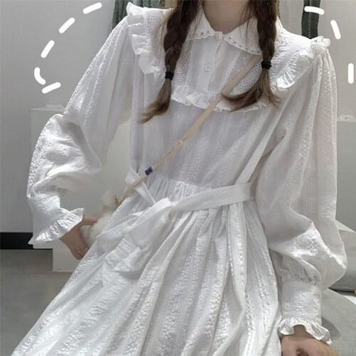 White Lolita Gothic Dress Women Elegant Autumn Japanese Kawaii Dress Lantern Long Sleeve Korean Dress Girl Ruffles Fairy Dresses