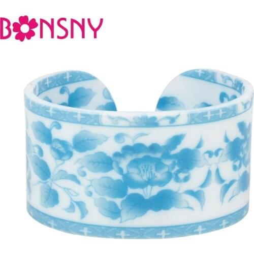 Bonsny Plastic Chinese Lotus Ink And Wash Bangles Bracelets Vintage Ethnic Retro Jewelry For Women Girls Ladies Souvenir Gift