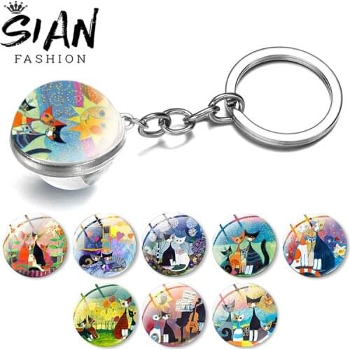 SIAN Colorful Cats Family Cute Style Keychain Double Sided Glass Ball Surface Trendy Pendant Key Chain Jewelry Gift Car Keychain