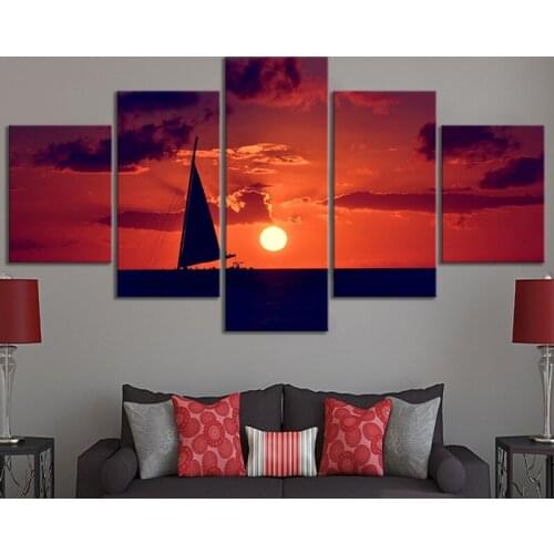 Home Decor Modular Canvas Picture 5 Piece The Sailboat Sunset HD Natural Scenery Painting Poster Canvas Painting Wholesale