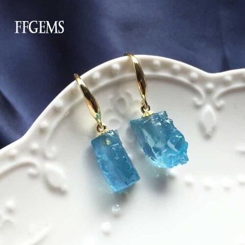 FFGEMS Natural Aquamarine Raw stone certificate Blue sapphire simple silver earring Fine Jewelry for Women Wedding Party Gift