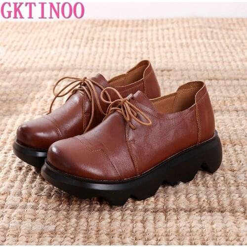 GKTINOO Genuine Leather Flat Platform Shoes Women 2021 Autumn Round Toe Light Breathable Black Thick Sole Shoes Woman Flat