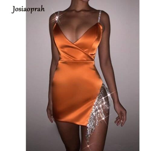 Josiaoprah Summer Sexy Tassel Diamond Party Dress Bodycon Spaghetti Strap Elegant V Neck Dress Women Club Mini Dress Vestidos
