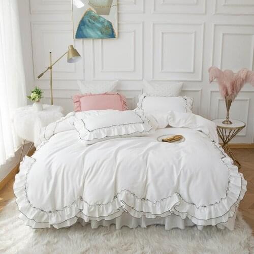 100% Cotton White Princess Wedding Ruffle Home Textile Bedding Set Luxury 4pcs Double Duvet Cover Bed Skirt Pillowcases