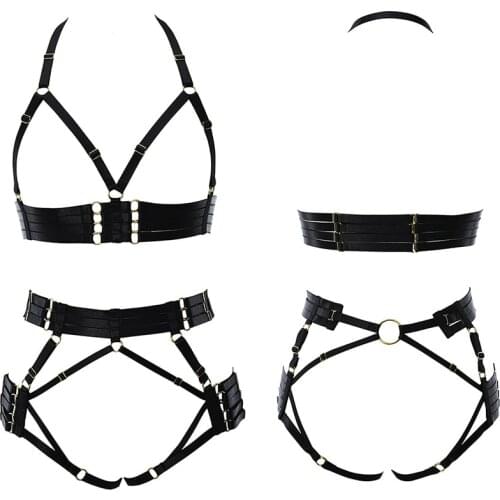 Hollow Body Harness Belt Set Goth Bondage Body Cage Sexy Lingerie Bra Black Punk Bodysuit Adjustable Bottom Pantie G-string