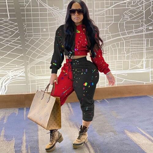 Color Block Print Streetwear Two Piece Set Top and Pants Cropped Hooded Hoodies Jogger Pants Sweatsuits Casual Ladies Tracksuit