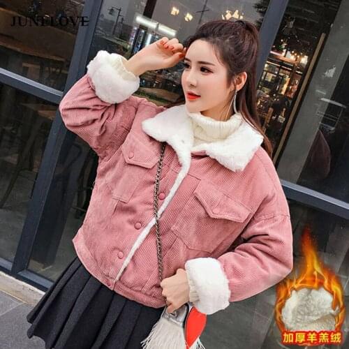 JuneLove Women Winter Jacket Thick Fur Lined Coats Parkas Fashion Faux Fur Lining Corduroy Bomber Jackets Street Cute Outwear