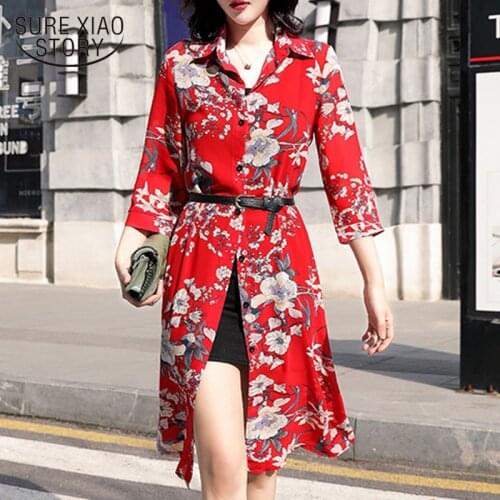 Summer Sun Protection Women Long Blouses Super Thin Floral Chiffon Cardigan Half Sleeve Loose Flower Print Blouse Shirts 9123 50