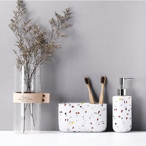 White Bathroom Five-piece Wash Set Simple Terrazzo Ceramic Mouthwash Cup Toothbrush Holder Soap Dispenser Bathroom Accessories