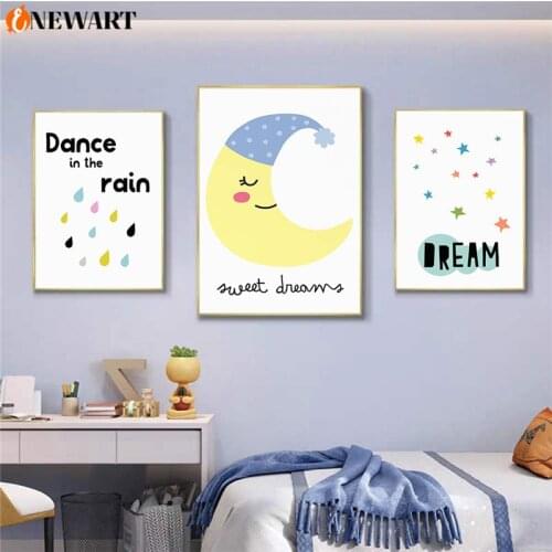 Kids Bedroom Wall Art Nursery Wall Poster Print Sleeping Moon Canvas Painting Dance In The Rain Child Room Decoration Picture