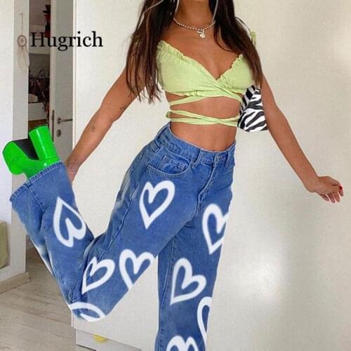 2021 New Street Style Personalized Graffiti Printing Loose Straight Jeans Womens Versatile High Waist Casual Pants
