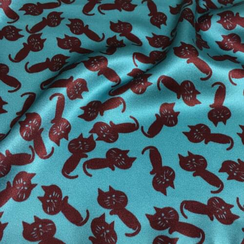 Peacock blue bottom cute cat printing mulberry silk fabric new stretch silk satin fabric textile sewing fashion cloth for dress